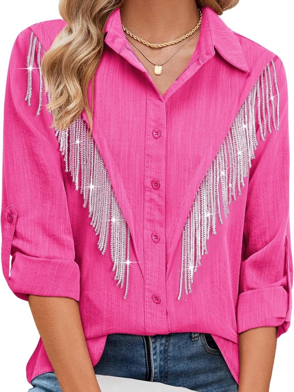 Women's Pink Sparkly Fringe Button Down Tie Knot Shirt Country Cowgirl Concert 🎶